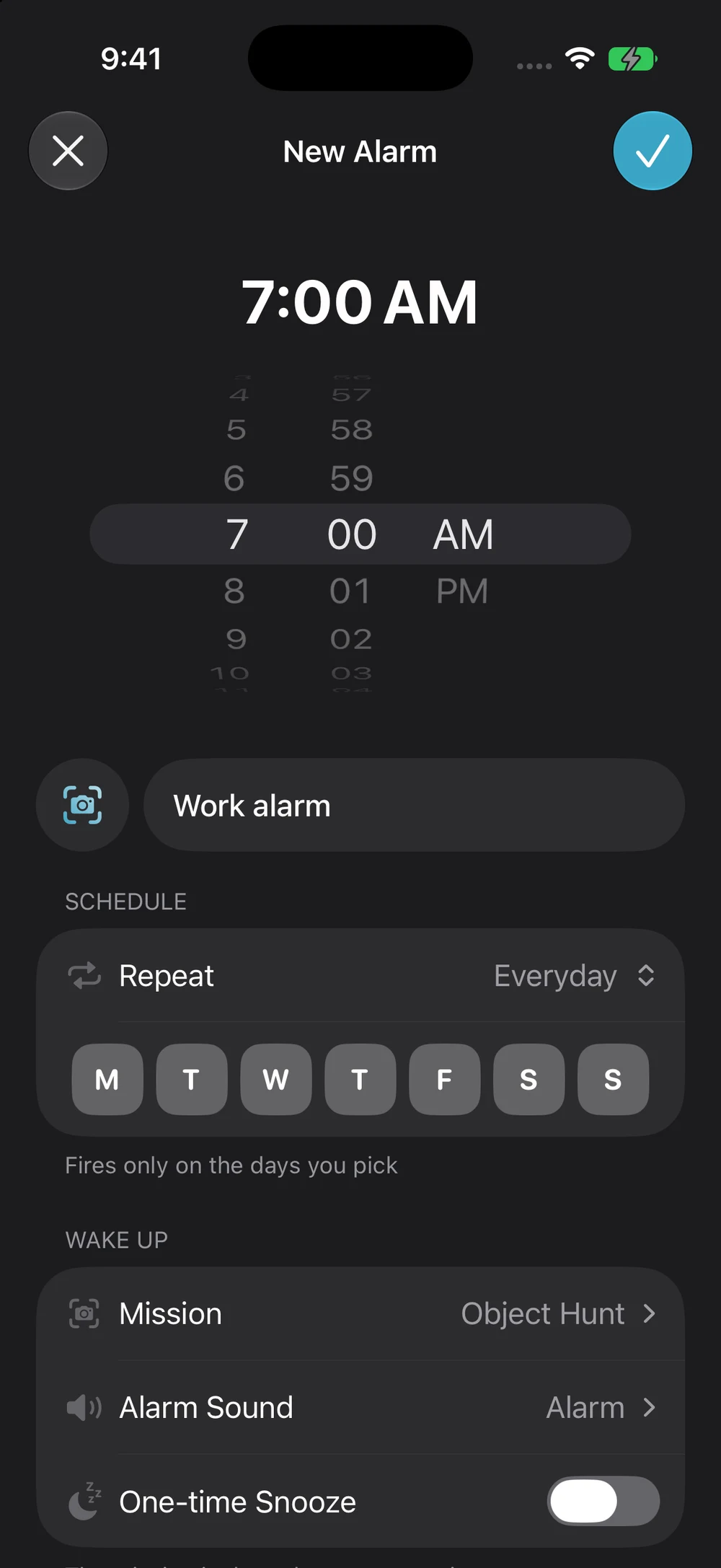 UnSnooz alarm editor with time, repeat days, and Object Hunt mission